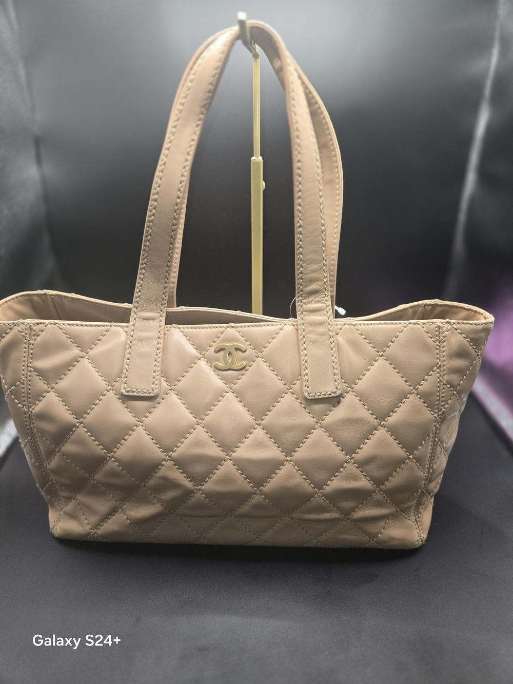 Authentic Chanel Cambon Ligne Beige Quilted Leather Tote Bag CC Shoulder Bag
